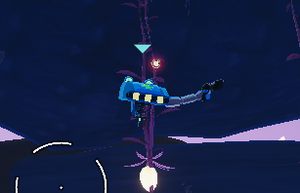 An activated Healing Drone is shown, with the Captain's Defensive Microbots circling it. It is under the effect of Spare Drone Parts, which seems to have affected it beyond the item's usual aesthetic changes; a robotic arm holding a pistol has extended from the body of the drone.
